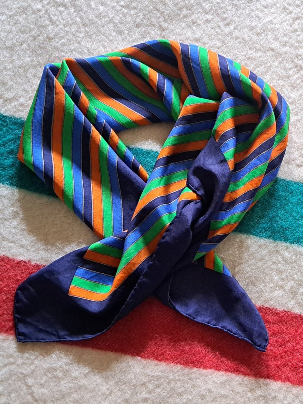 Yves St Laurent YSL Vintage silk scarf, OS, blue green orange stripes